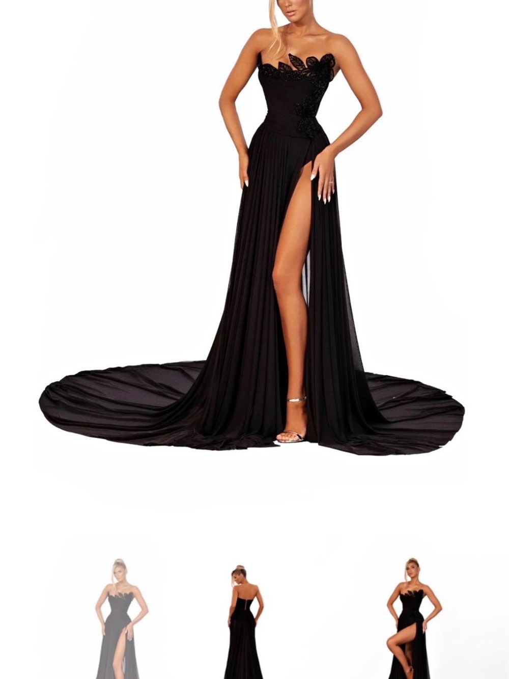 Strapless Black Evening Gown with High Thigh Slit and Train